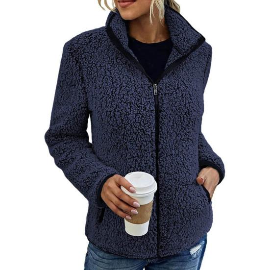 Stand Collar Long Sleeves Pockets Zipper Closure Fluffy Coat Women Autumn Winter