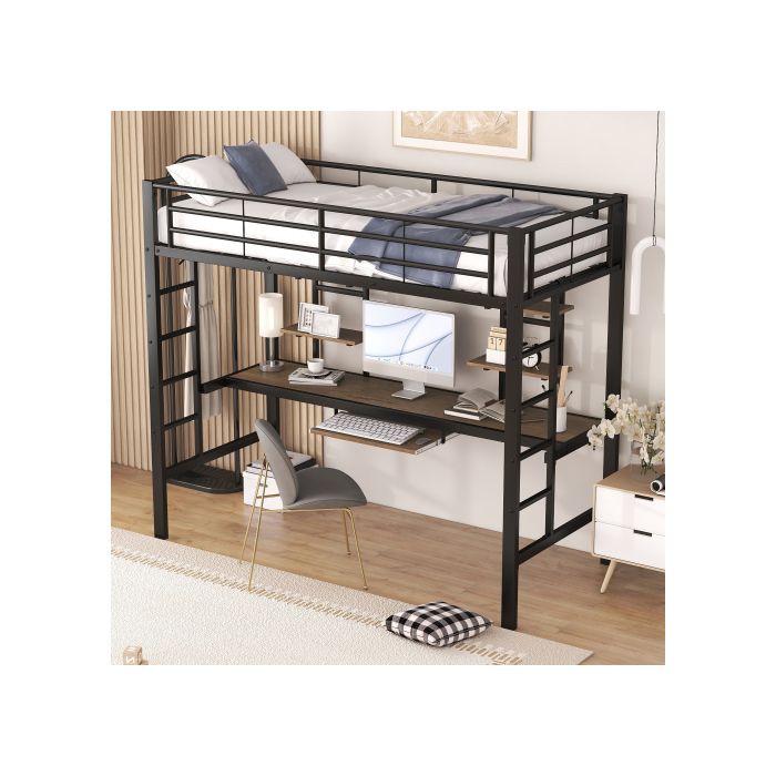 Lit mezzanine - MUVOE - 90x200 cm - Métal noir - Bureau et étagères inclus - Sécurisé EN747