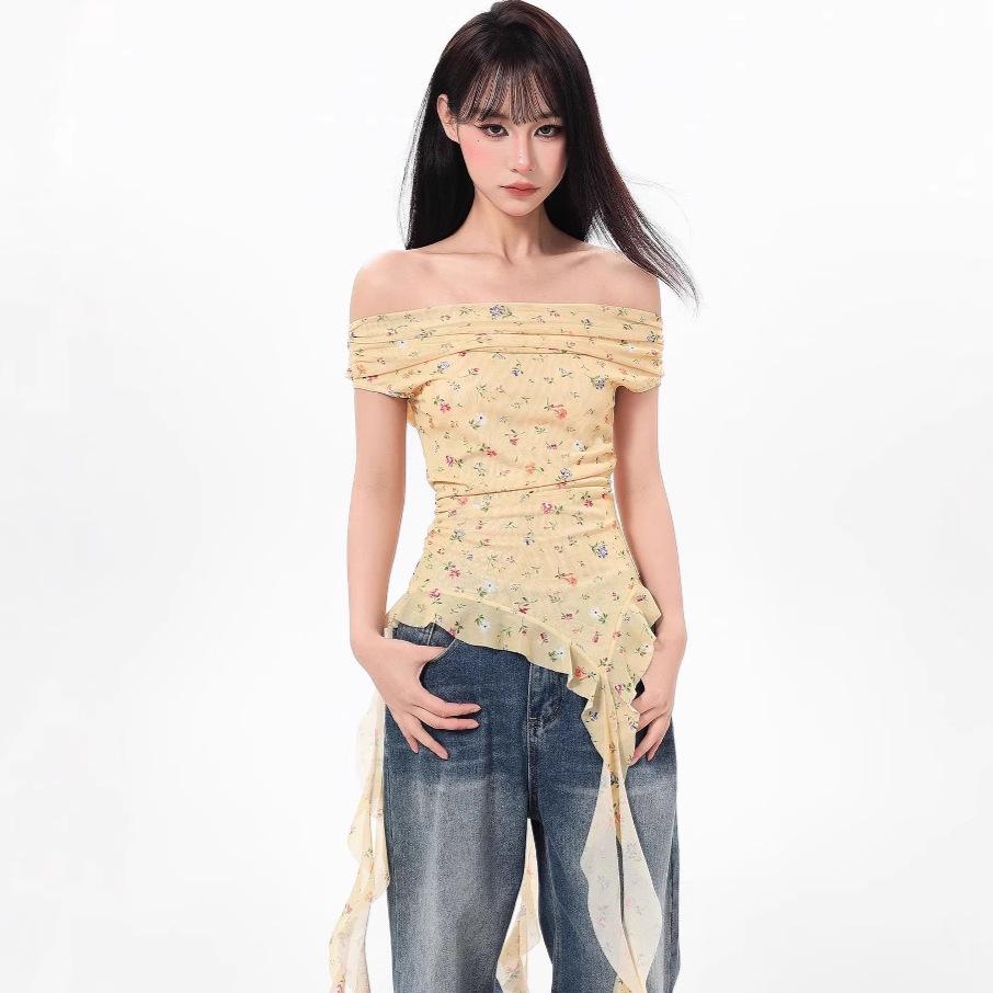 

2025 French Off-Shoulder Yellow Floral Irregular Short-Sleeve Women s Summer Top S