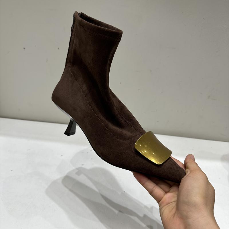SUOJIALUN Nová značka Dámské krátké boty Módní zlatá přezka Dámské elegantní kotníkové boty Tenký vysoký podpatek Špičaté lodičky Boty