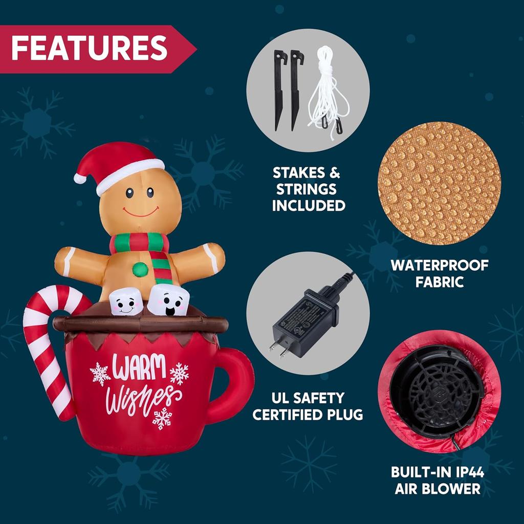 6 FT High Xmas Inflatable Gingerbread Man In Hot Cocoa Mug Featuring Build-in LEDs Designed for Xmas Celebration Outdoor Garden Decor