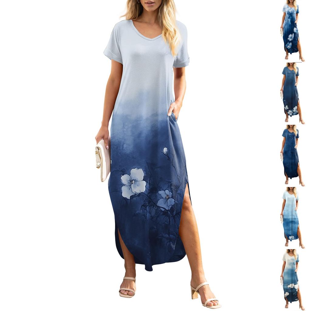 Women's Summer Floral Print Casual Loose Short Sleeve Beach Maxi Split Dress