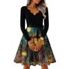 Women's V-Neck Long Sleeve Vintage Halloween Print Dress for Casual Everyday Wear