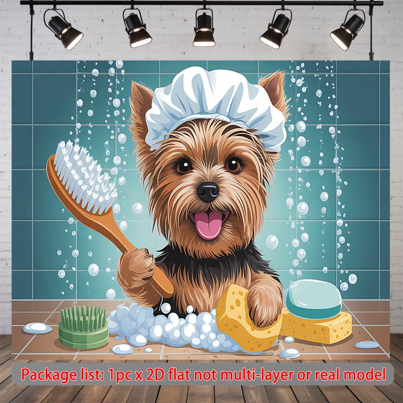 A flat 2D flag featuring a dog having a great time while taking a bath made of polyester fiber. 100x150cm