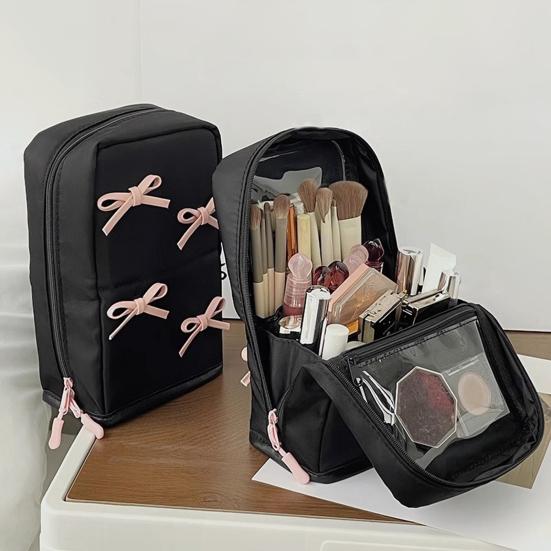 Makeup Bag Folding Multi-Part Cosmetic Storage Bag with Pink Bow Decoration Large Capacity Makeup Case