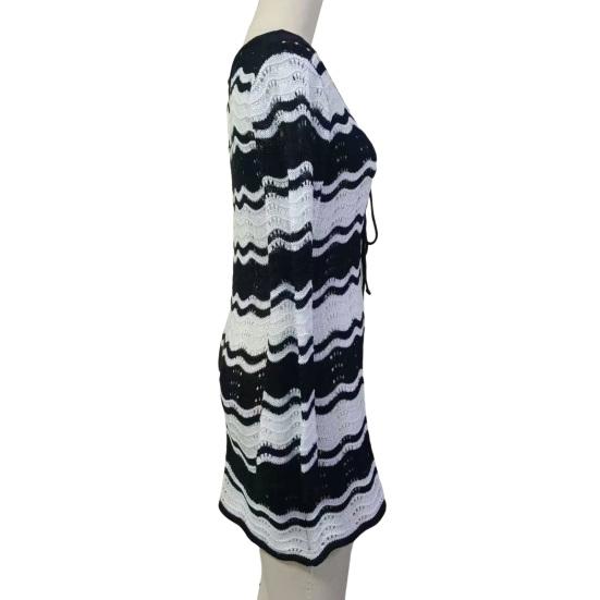 Women's Swimwear Cover-Up Striped Crochet Hollow Out Mesh Beach Dress V-Neck Tie Front Long Sleeve Summer Bathing Suit for Beach Vacation