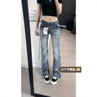 Damskie Jeansy z Niskim Stanem, Spłukiwane, Mikro Dzwony, Slim Fit, Retro, Rozciągliwy Denim, Spodnie na Lato