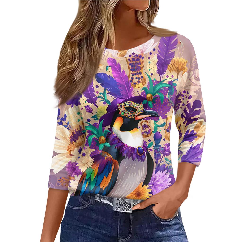 3/4 Length Sleeve Womens Tops Floral Print Vintage Fashion Casual Loose With Round Neck Plus Size Shirts