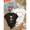 3 Women's Heart-shaped Print Item T Shirt Casual Round Neck Short Sleeve Top With Perfect Aphorism Leopard Print and Heart-shaped