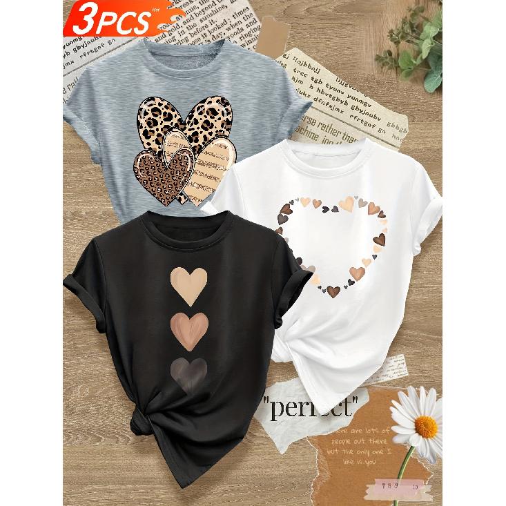 3 Women's Heart-shaped Print Item T Shirt Casual Round Neck Short Sleeve Top With Perfect Aphorism Leopard Print and Heart-shaped