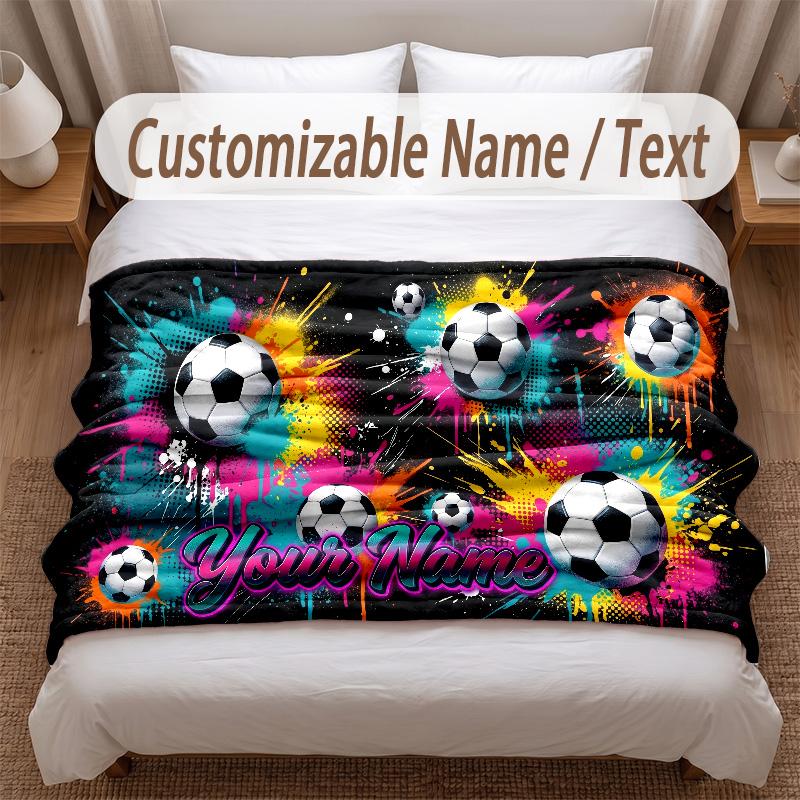 Soccer Theme Soft Blanket Personalized Custom Name Text Print Warm Blanket Home Sofa Bedroom Decor