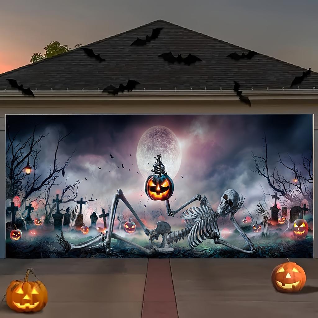 JIT 1pc Halloween Spooky Pumpkin Skull Graveyard Embroidered Garage Door Decorative Hanging Clothzyc