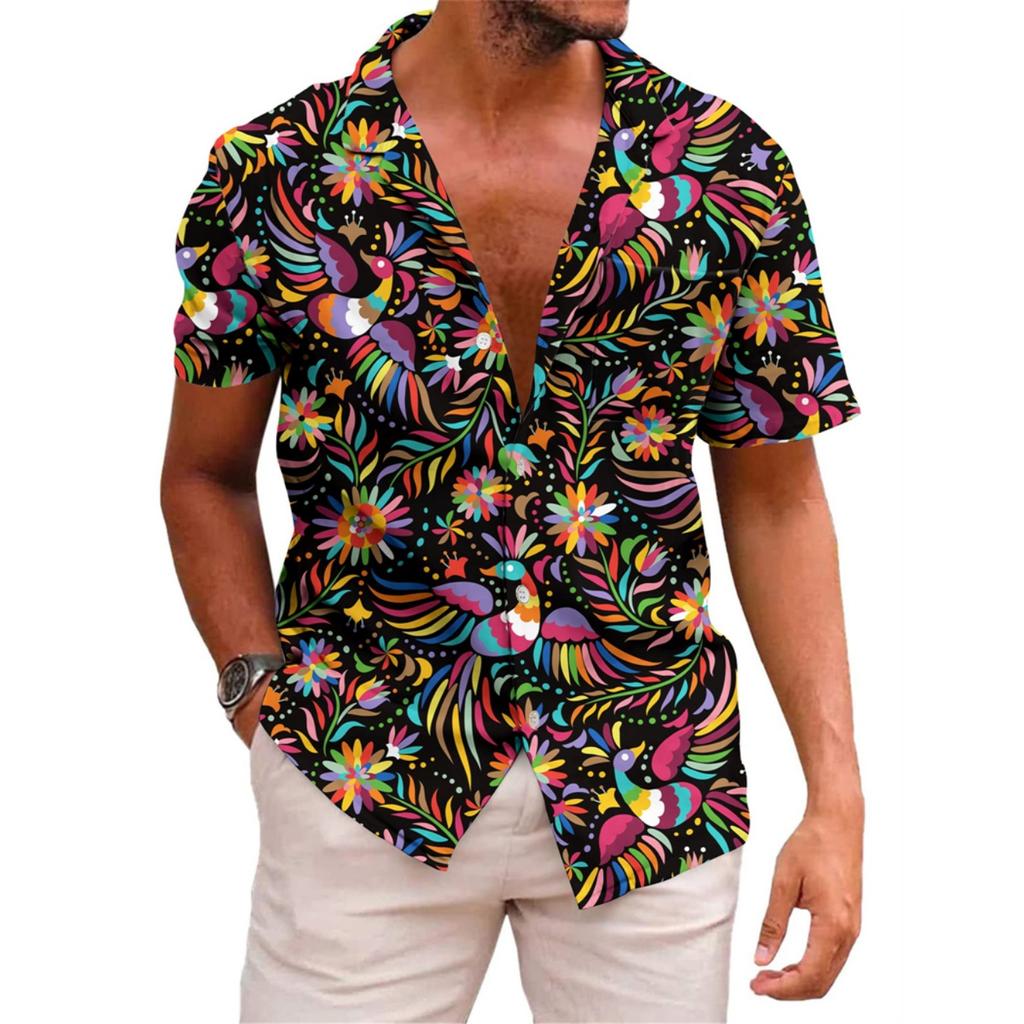 Hawaiian Mens Shirts Lapel Short-Sleeved Shirt Mexican Style Clothing Casual Loose Button-Down Shirt