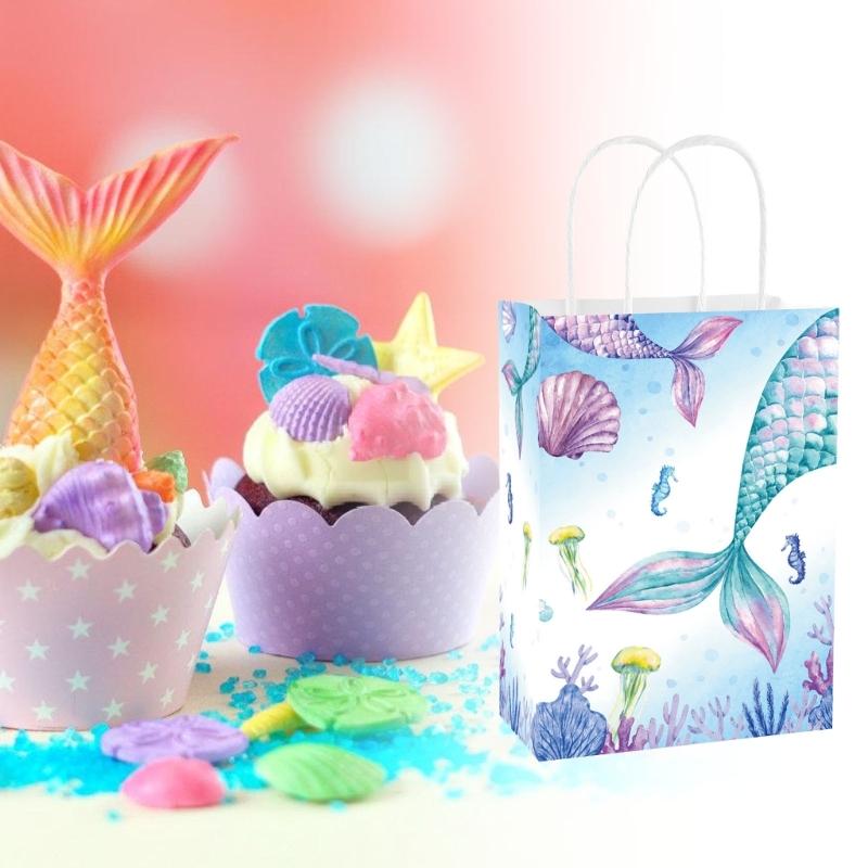 12pcs Mermaids Print Paper Bags Colorful Gift Bags for Ocean Themed Birthday Parties and Festives Event Party Supplies