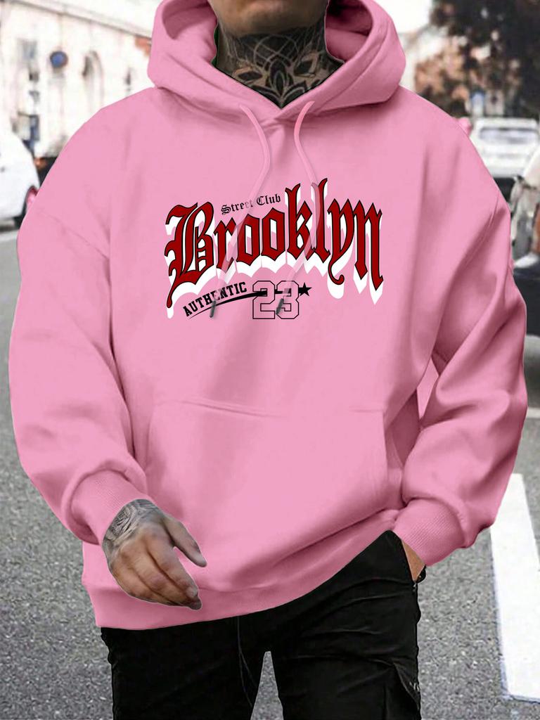 Brooklyn 23 Letter Print Men'S Pullover Fashion Warm Hoodie Casual Pocket Man Hooded Autumn Big Size Streetwear