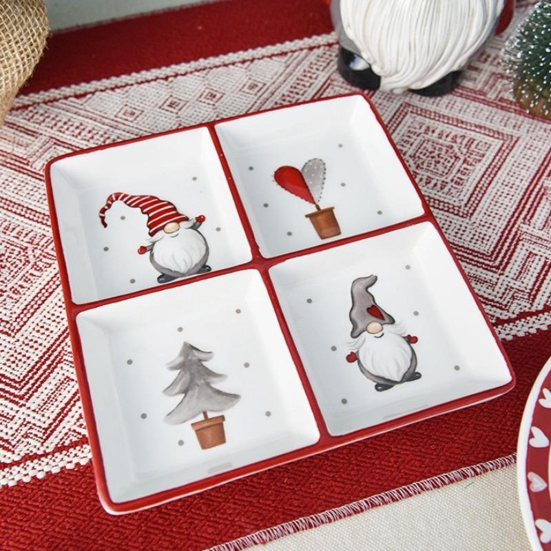 Nordic Square Ceramic Divider Plate Nordic Santa Claus Plate Christmas Decorative Tableware Ceramic Snack Plate Holiday Ornament