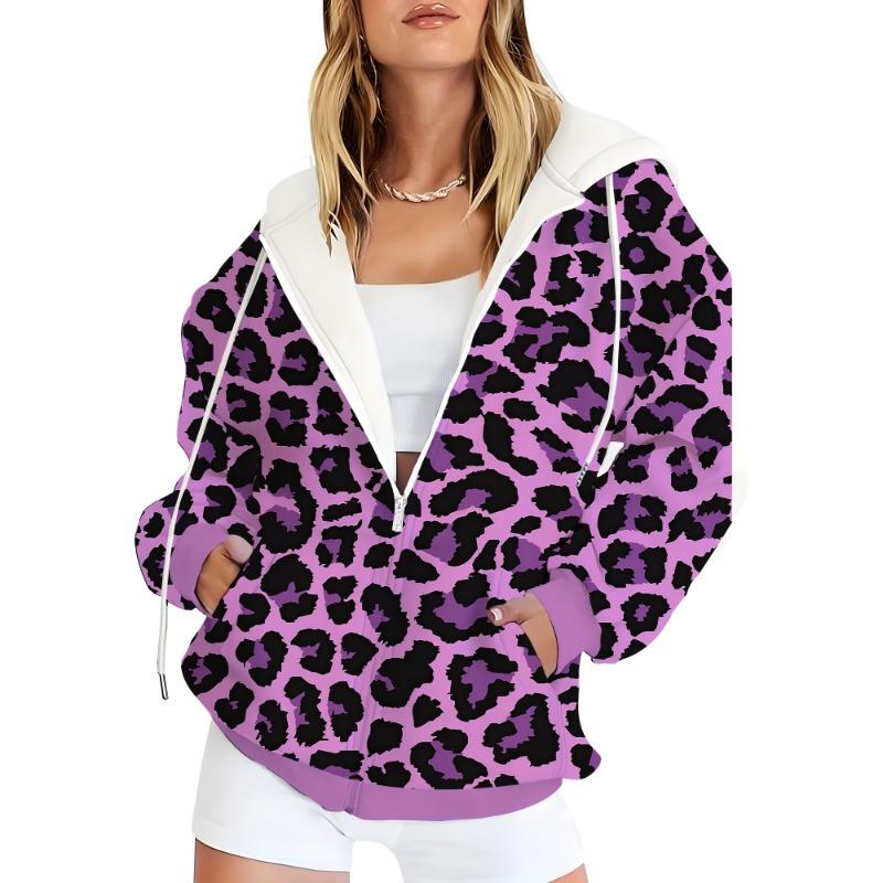 Large Women s Hooded Sweatshirt with Zipper, Sexy Leopard Print Casual, Zipper Long Sleeved Drawstring Jacket S