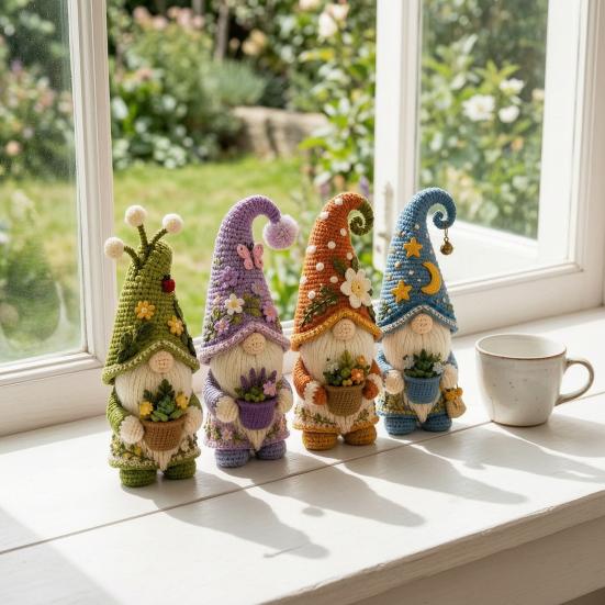Niedliche Zimmerpflanzentopf-Topper Häkel-Gnom-Figur, Handgefertigte Gestrickte Puppe mit Topfpflanzen, Frühlings-Kunsthandwerk-Sammlerstücke Sommer Schwedischer Tomte