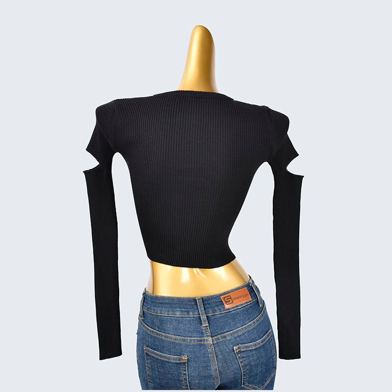 Round Neck Zipper Short Tight Long Sleeves Broken Sleeve Stylish Solid Color Rib Fabric Knitting Tops Women's Clothing Cardigan Spring Women