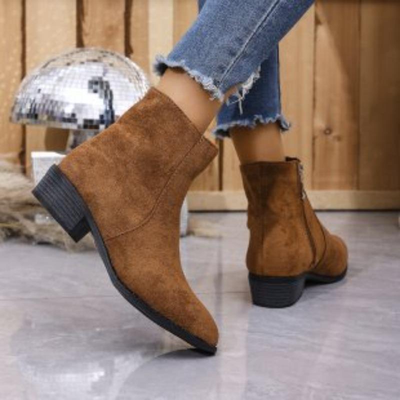 European and American Large Size Short Tube Side Zipper Martin Boots Women's Single Boots New Suede Thick Heel British Style Thin Boots