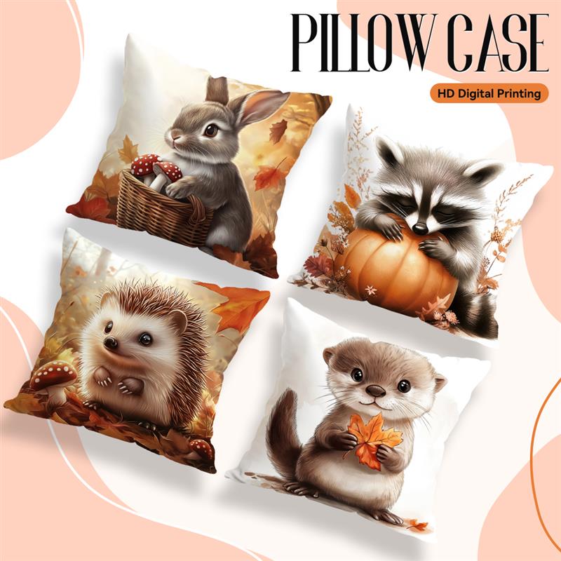 Home Decor Autumn Animals: Bunny, Raccoon, Hedgehog, Otter Pattern Cushion Cover Suitable for Sofa Bedroom Car Pillow Cover