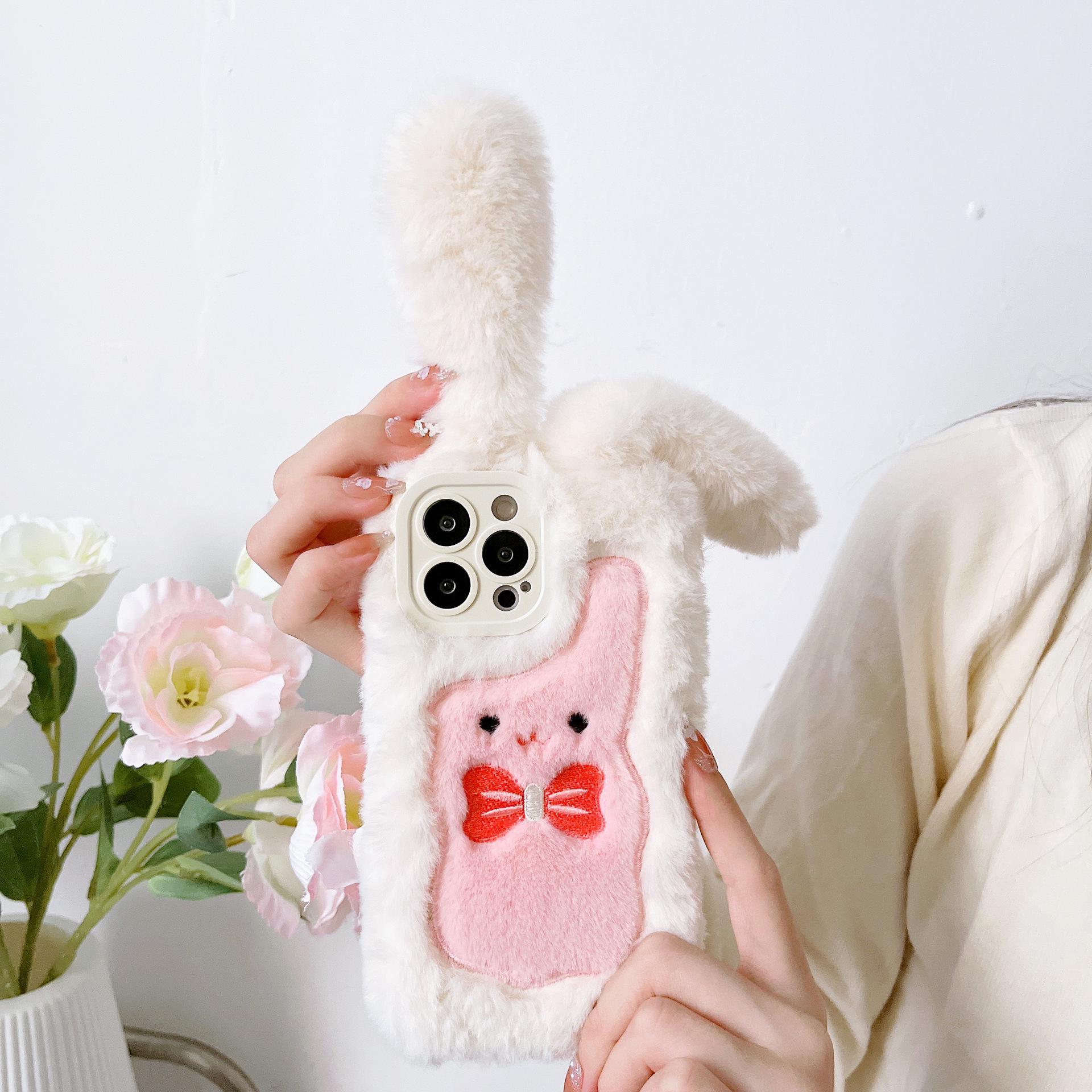 

Plush Long-Eared Rabbit Bowtie Case for iPhone 13/14/15 Pro Max - Cute Autumn/Winter Design iPhone 17 Pro Max рожевий