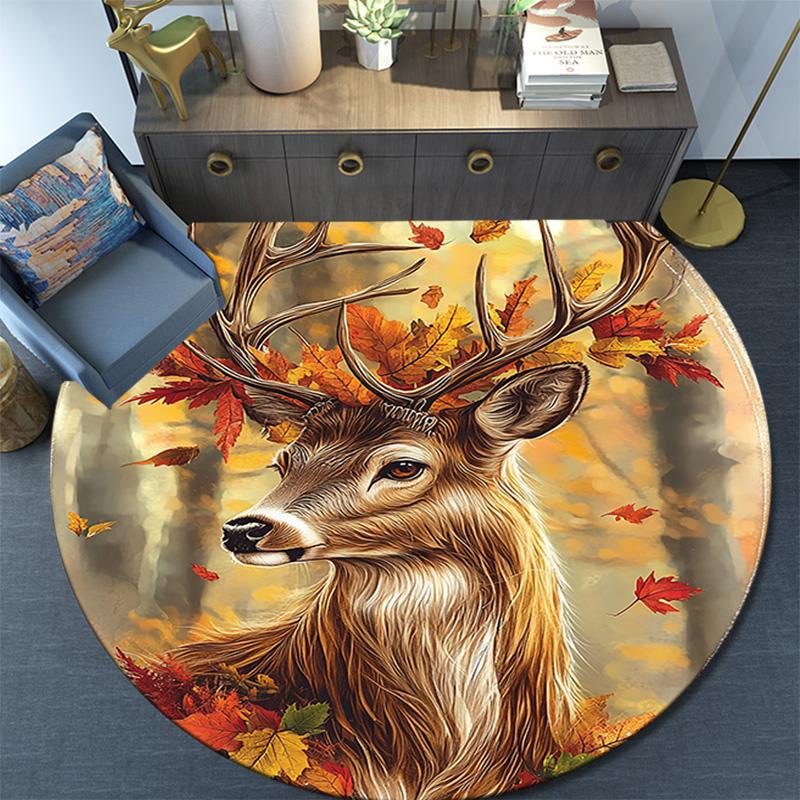 Autumnal Deer Round Area Rug,Carpet Rug for Living Room Bedroom Sofa Playroom Decor,Non-slip Floor Mat