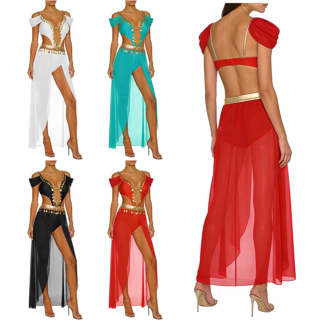 S-3XL Damen Bauchtanz Bodysuit Kleid Pailletten Quaste V-Ausschnitt Cutout Offene Vorderseite Chiffon Saum Eingebaute Shorts für Indien Exotischer Tanz