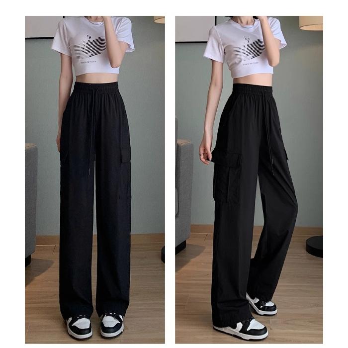 

Overalls women s summer thin high waist loose and thin quick-drying sun protection ice silk casual straight American wide-leg pants 2XL чорний