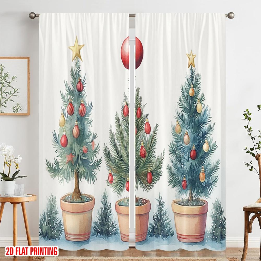 2pcs,2D Plane Printing Window Curtain Christmas Tree Ornament Watercolor (2) Polyester Easy Install (without Rod) Festive Ldeal