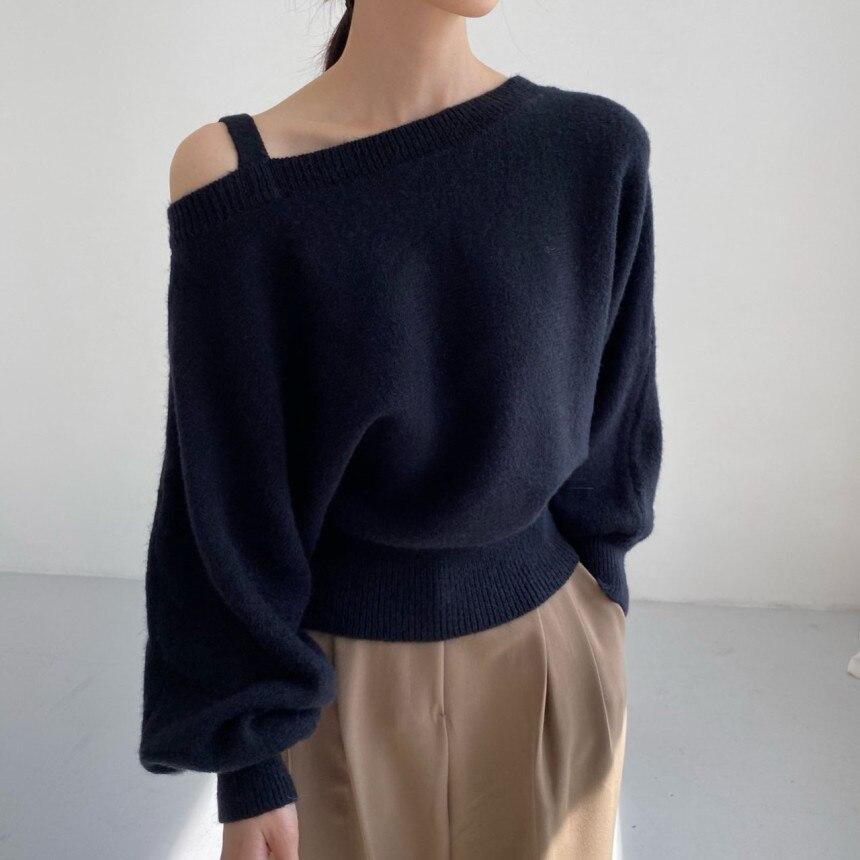 

Корейский стиль, шикарный пуловер с открытыми плечами, осень/зима, топы с длинными рукавами и длинными рукавами с крыльями летучей мыши, трикотаж, винтажный свитер с вырезом 28930 One Size тёмно-синий