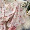 Women Summer Floral V Neck Long Dress High Waist Ruched A Line Short Sleeve