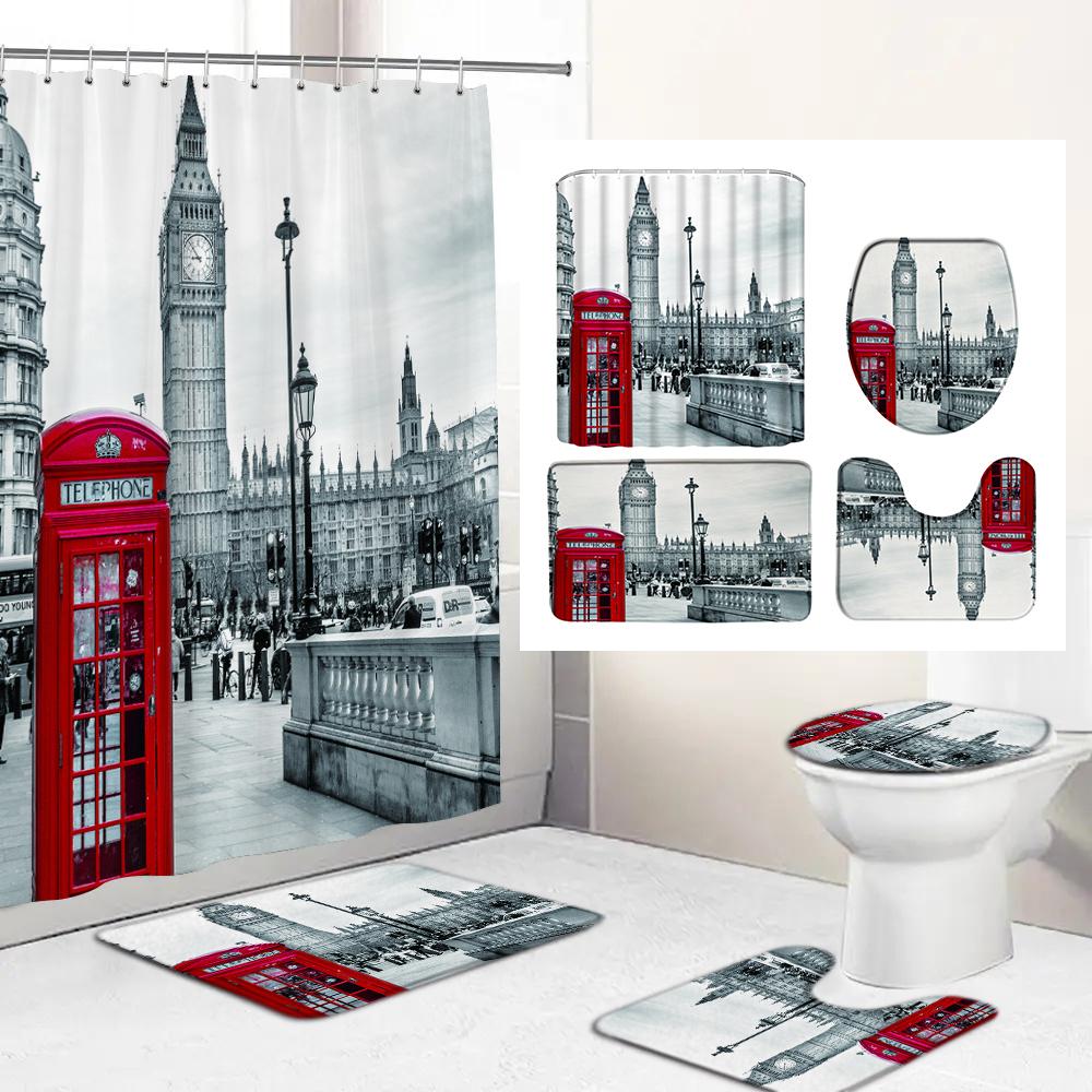 Paris Eiffel Tower Shower Curtain Set With Rugs Waterproof Curtain Bathing Screen Anti-Slip Toilet Lid Cover Rugs Bathroom Decor
