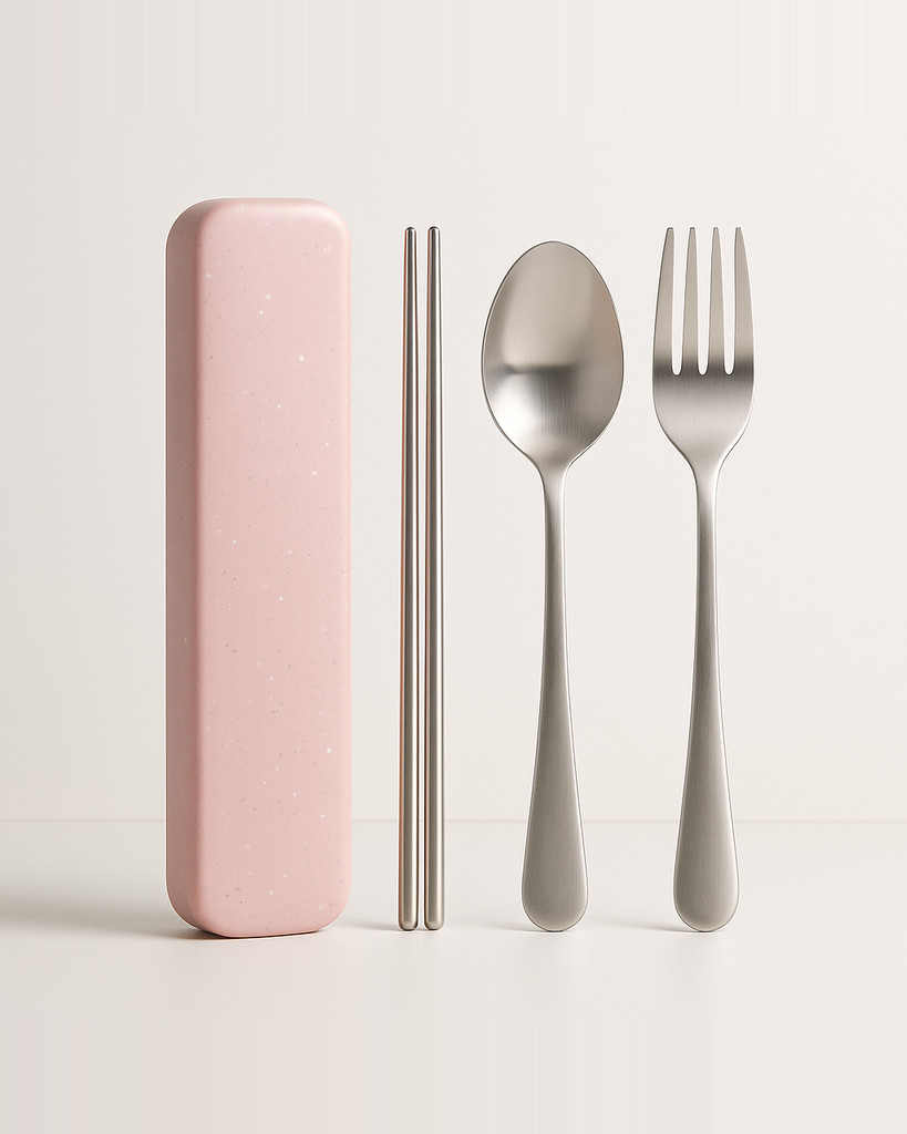 Lot de 2 baguettes et cuillères portables en acier inoxydable pour étudiants et bureau avec boîte de rangement, motif rose