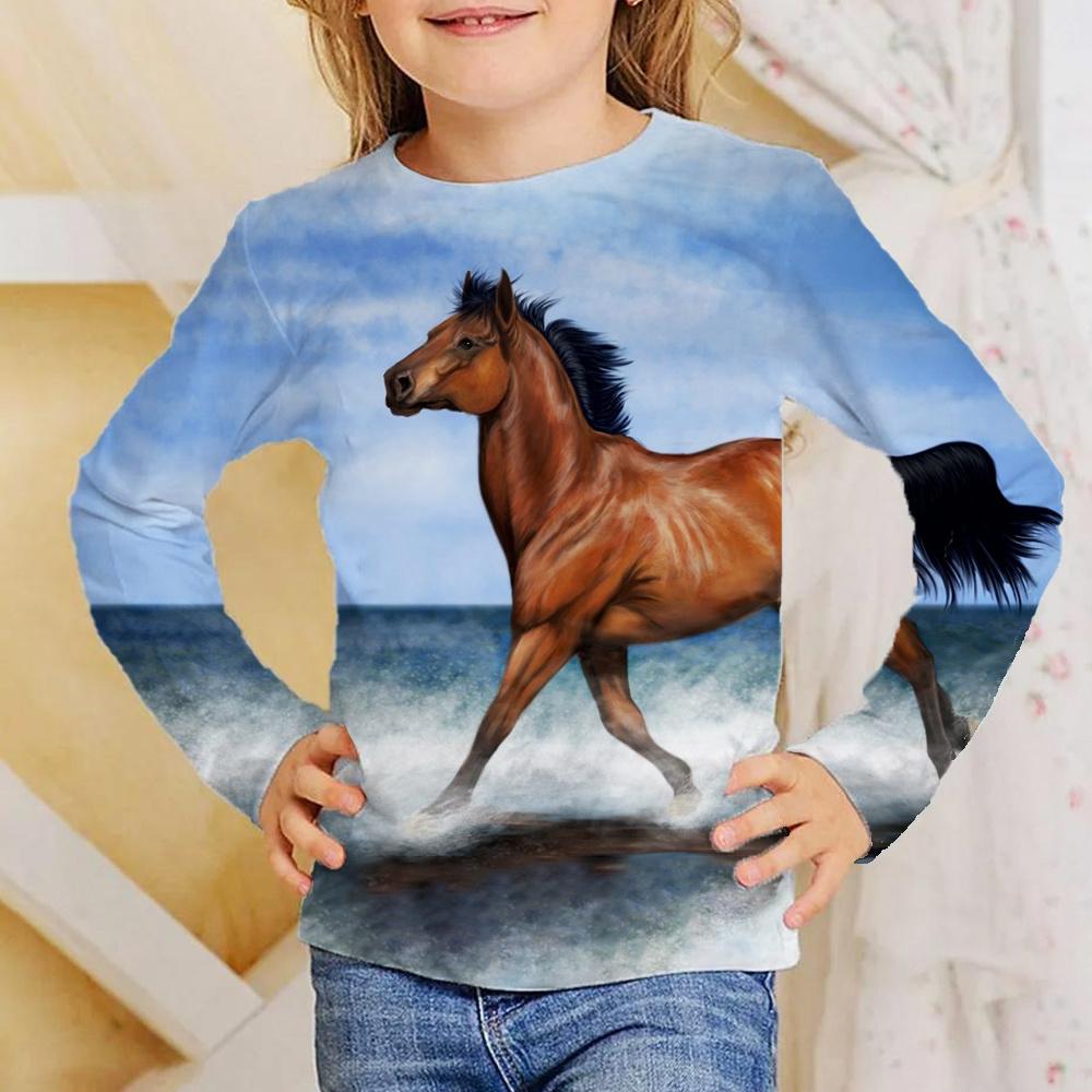 No. 11 Fashion Meisjeskleding Meisjes T-shirt Lange Mouw 3D Paard Kinderen Herfstkleding Stijlvolle Casual Kinder Tops Ronde Hals Kind Jongenskleding 130