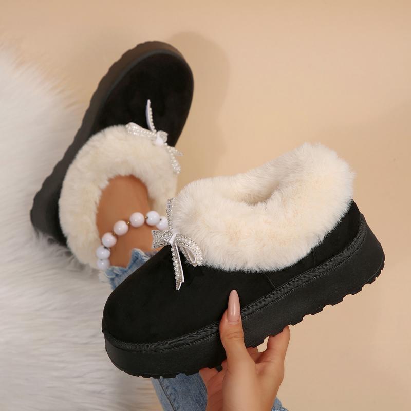 Thick Bottom Fluffy Fur Snow Boots Women 2025 Winter Warm Plush Ankle Boots with Platform Sweet Bowknot New Furry Non Slip Shoes