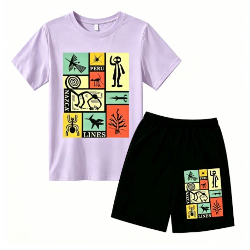 Fashion Retro Mysterious Runes Print Outdoor Street Kids T-shirt and Shorts Summer Home Casual Outfit Boy and Girl's Sports Set