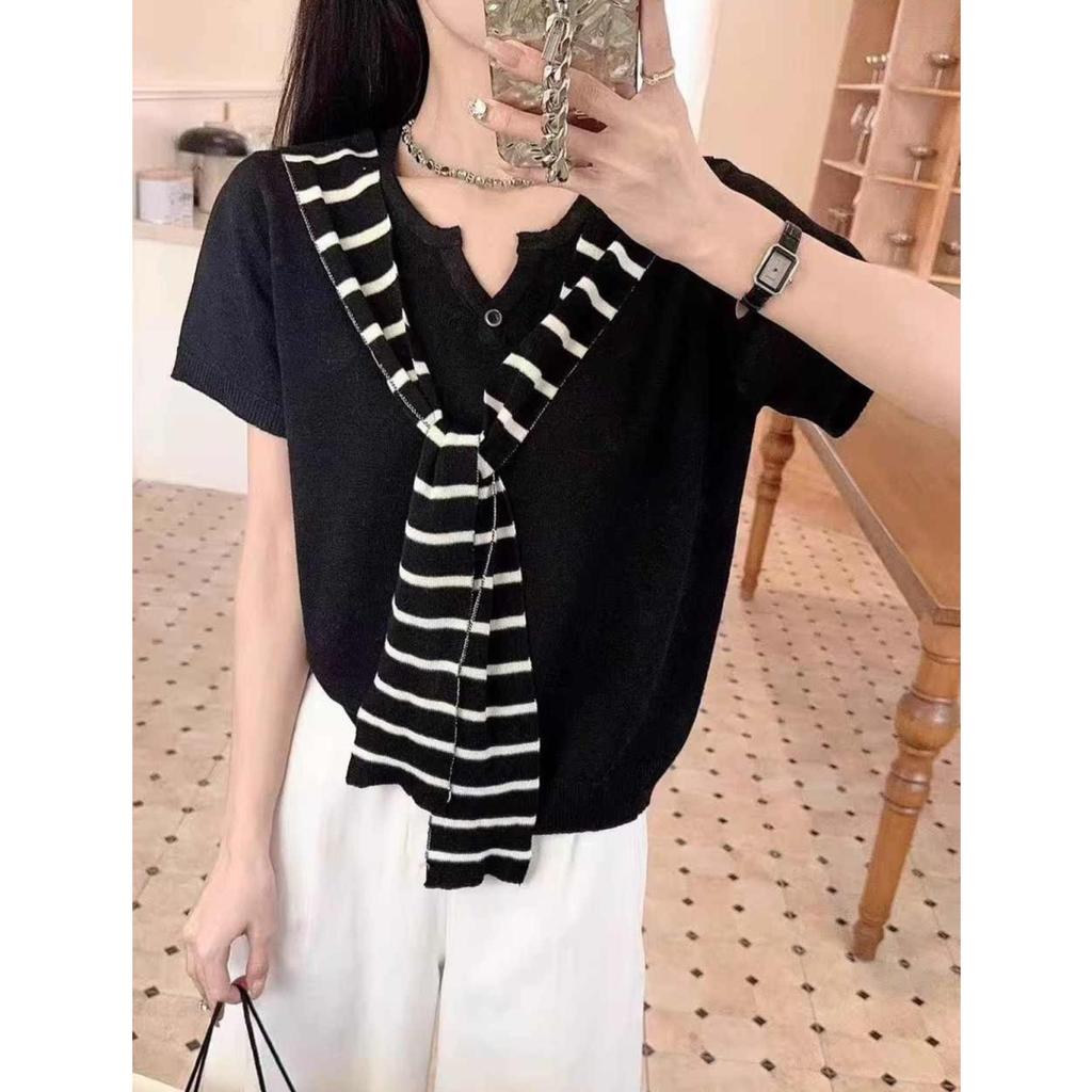 Striped Shawl fake two pieces sweater Versatile Short Sleeve casual Knitted Top For Spring & Summer Women's Clothing yellow Tops
