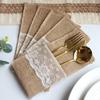 20Pcs Natural Jute Burlap Cutlery Bags Vintage Lace Tableware Holders Christmas Wedding Party Decoration Pouches