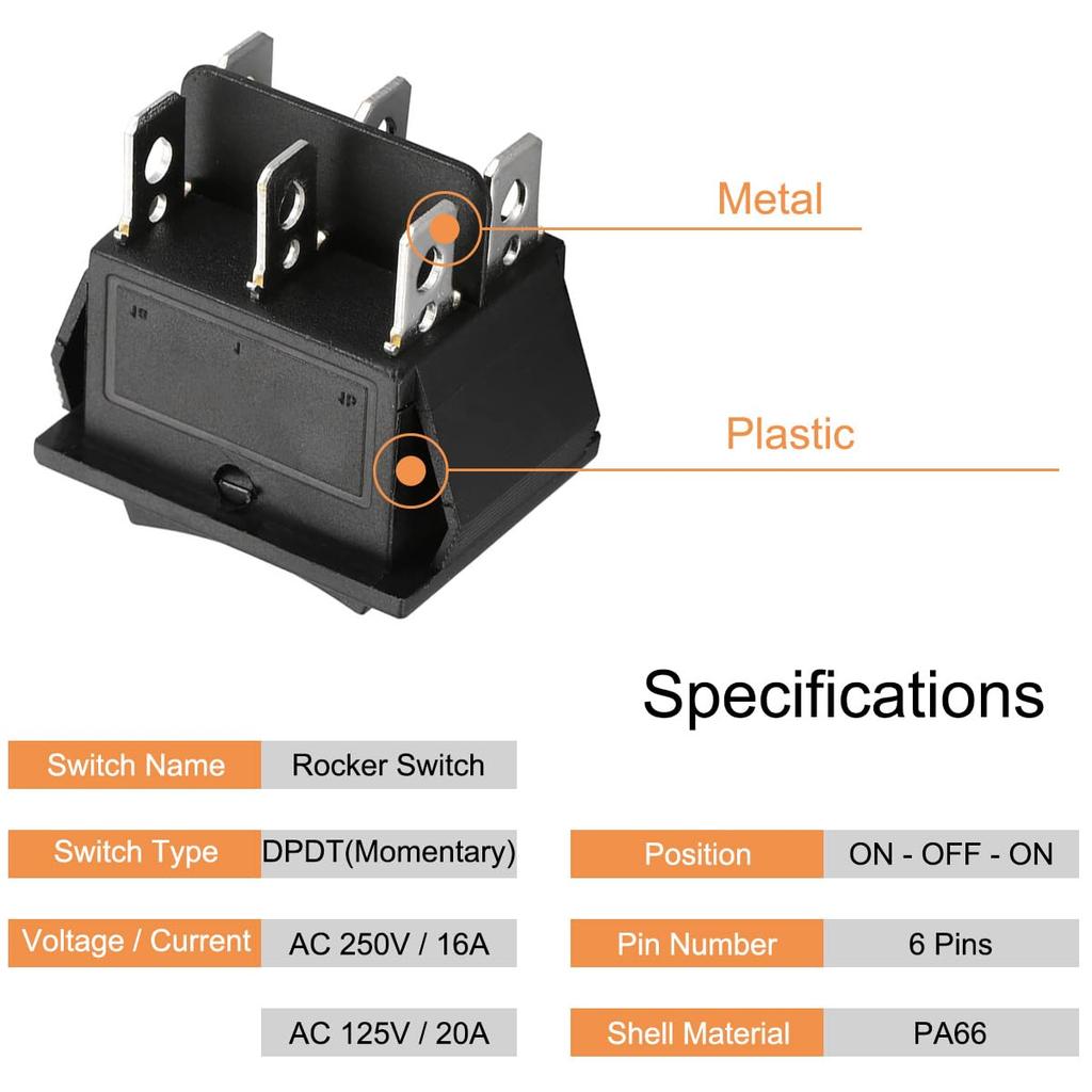 Xiatiaosann Rocker Switch 6 Terminal 3 Position ON-OFF-ON DPDT Momentary Switch DC 10A/16A