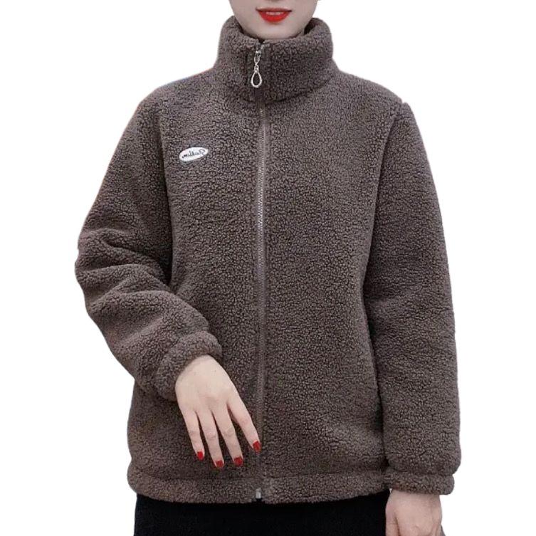 Stylová a hřejivá bunda z jehněčí vlny pro ženy 40-60: Hustý bavlněný podzimní/zimní kabát s designem z fleecu s částečkami