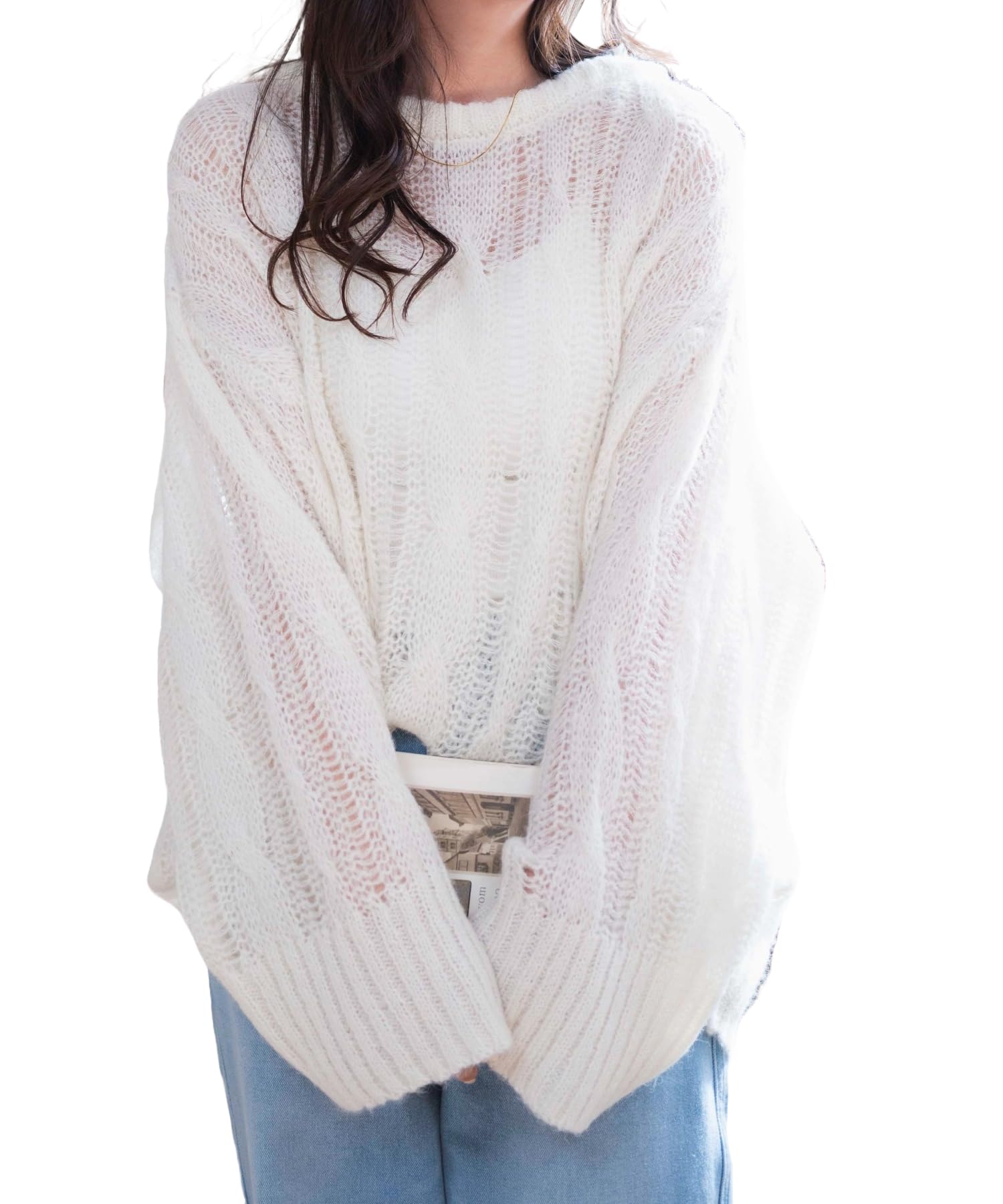

WEGO Cable Mesh Melange Knit Layered Big Size White Ivory Sweater, Top, Oversized, Silhouette, Girly, Casual, Winter, Spring, Spring, Autumn, Winter,