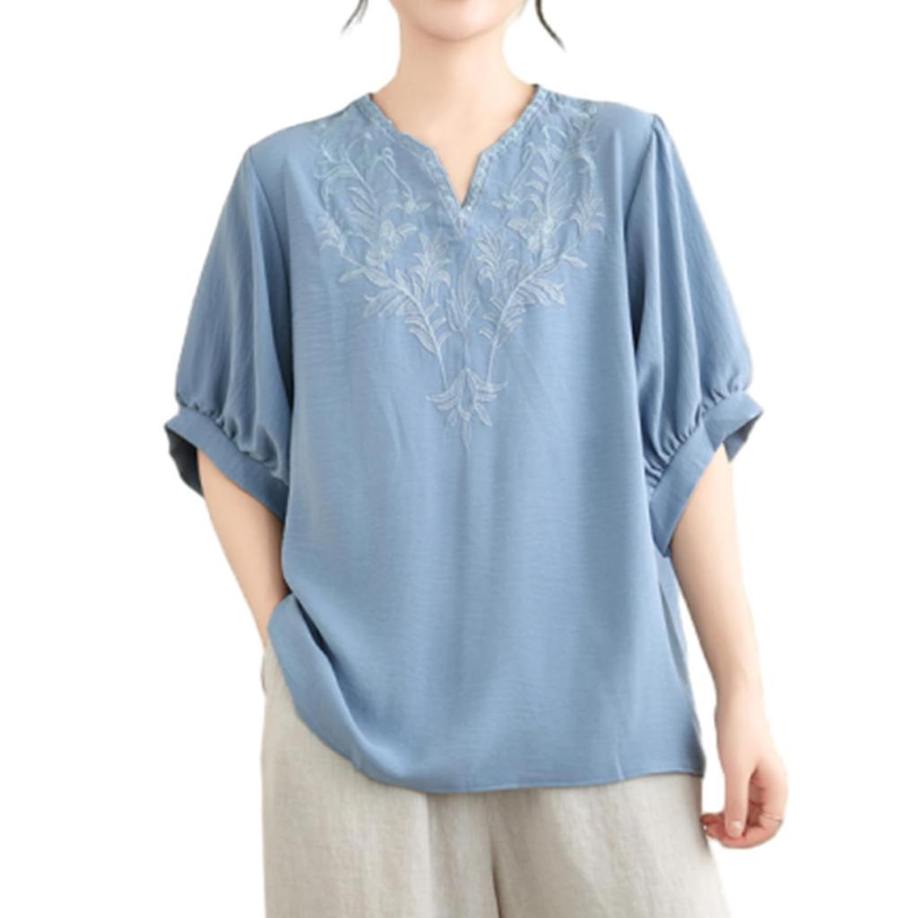 Short Sleeve Pullover with Floral Embroidery and Balloon Loose Office [POGCZMKK] Women's Blouse, V-Neck Top, T-Shirt Sleeves, Slimming, Fit,