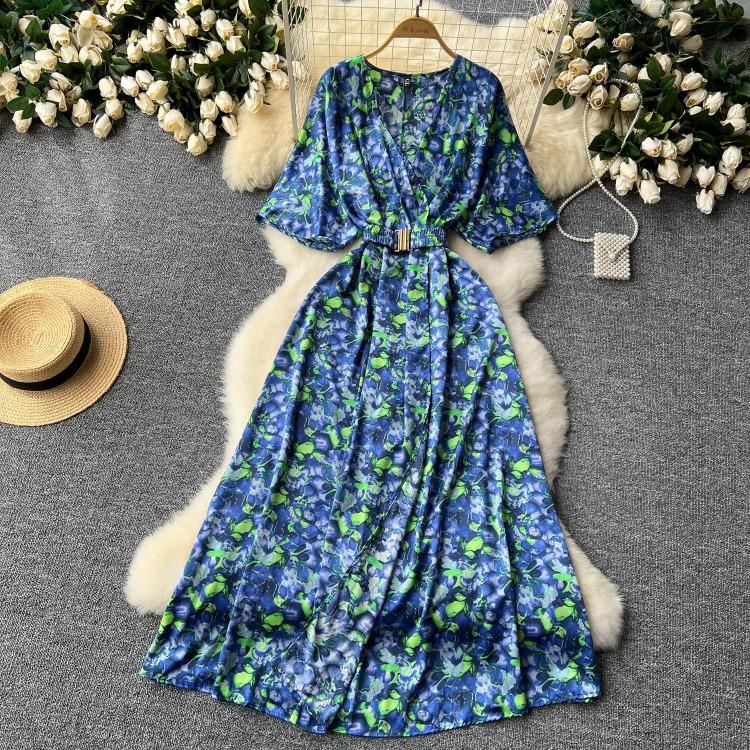 Vintage Elegant V Neck Split Print Short Sleeve Dress Chic Slim A Line Vestidos Summer Vacation Party Women Fashion Dresses