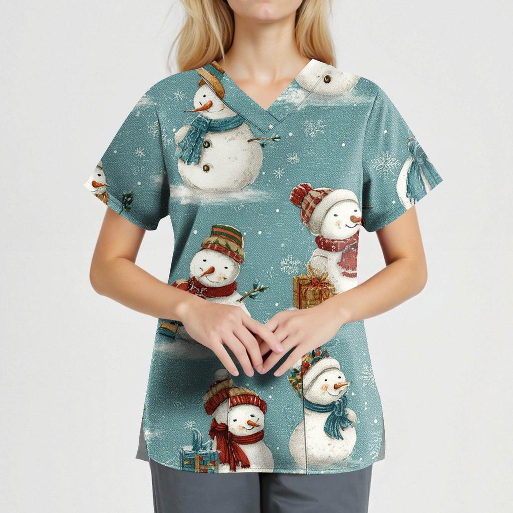 Dámská móda Výstřih do V Krátký rukáv Pracovní oděv s kapsami Vánoční potisk Top Uniforma pečovatele