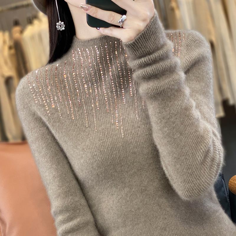 Sweater women's autumn and winter hot diamond knitted sweater women's semi-turtleneck thickened sweater knitted sweater bottoming shirt
