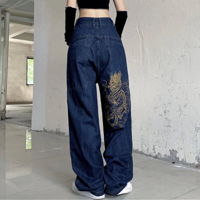Y2K Hip Hop Wide Leg Jeans Men Women - Loose Fit Black Denim Pants With Cartoon Print Mid-Rise Straight Cut