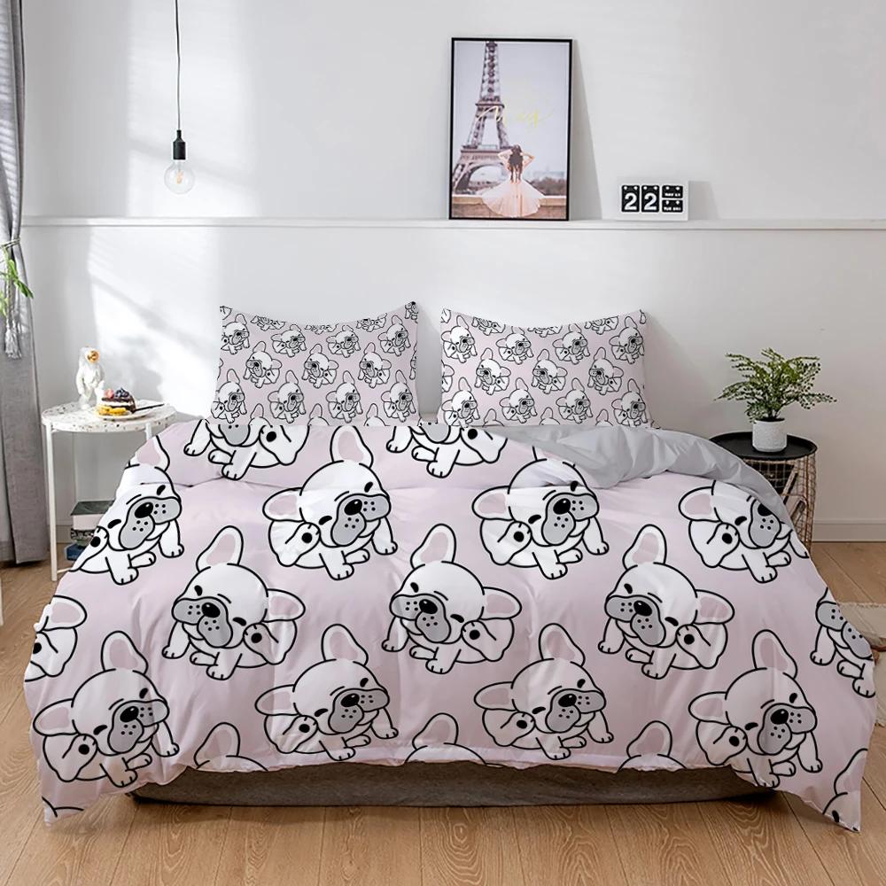 3D Hund Sengetøy Sett Søt Fransk Bulldog Valp Dynetrekk Sett Tegneserie Sengeoverkast Kjæledyr Dyr Hjemmetekstiler Queen 2/3 stk King Full