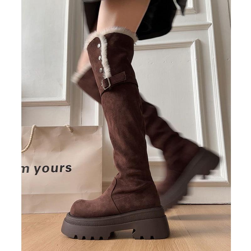 Leather thick-soled heightening boots for women's winter new velvet thickened warm two wear snow boots over the knee boots
