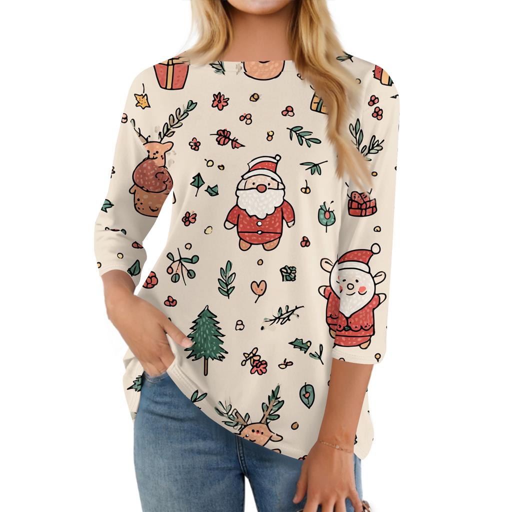 Women's Fashion Casual Round Neck Three-quarter Sleeve Christmas Print T-shirt Top